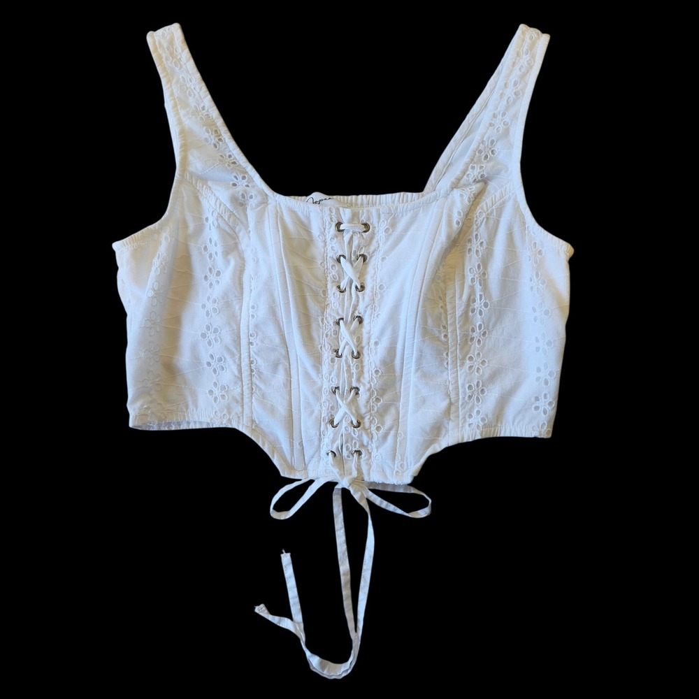 White Eyelet Lace Up Corset Crop Top L Ren Faire, Bridal, Bachelorette, Wedding